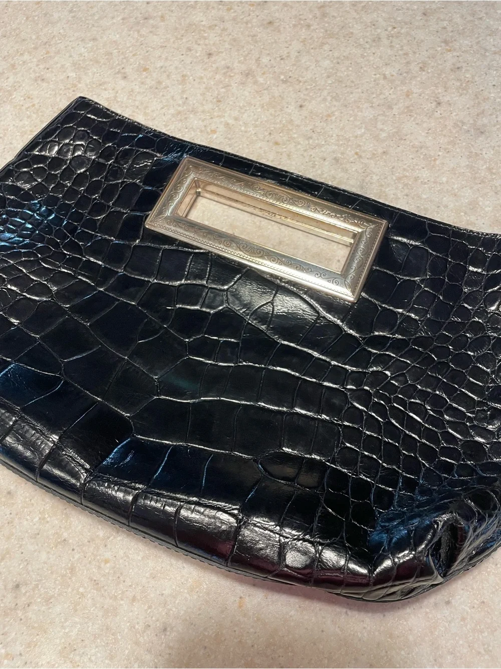 BRIGHTON Vintage Large Leather Clutch Purse Croc Embossed Metal Frame Handle